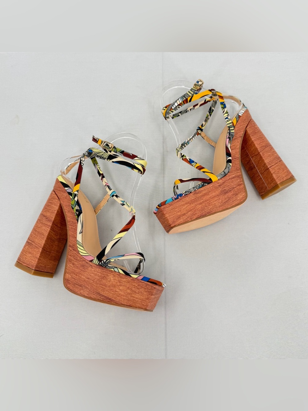 Resort Platform faux wood Block Heel Sandals Multicolor Vacation Heels 6.5 - Picture 2 of 13